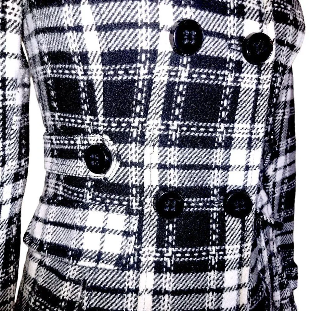 Double-breasted black white plaid jacket with removeable hood - Picture 6 of 8